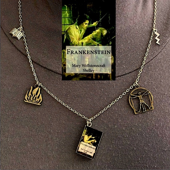 Frankenstein by Mary Shelley Handmade Novel Literature Necklace, Book Cover Fire - Picture 1 of 15